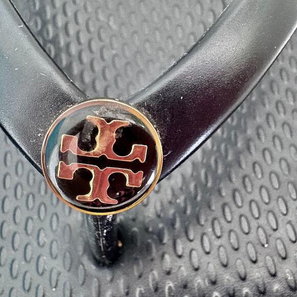 Tory Burch Black Platform Wedge Sandals w/ Gold Logo 8.5 - Picture 5 of 7